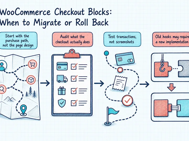 Illustrated infographic summarizing: WooCommerce Checkout Blocks: When to Migrate or Roll Back