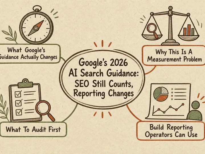 Illustrated infographic summarizing: Google’s 2026 AI Search Guidance: SEO Still Counts, Reporting Changes