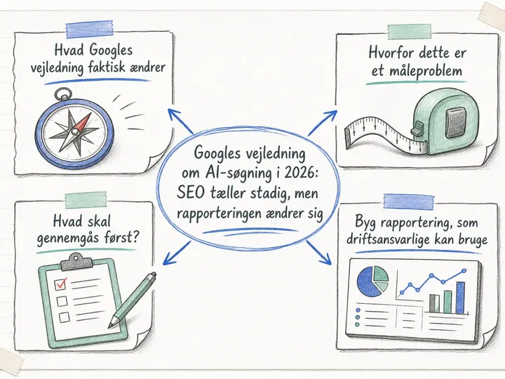 Illustreret infografik, der opsummerer: Googles vejledning om AI-søgning i 2026: SEO tæller stadig, men rapporteringen ændrer sig