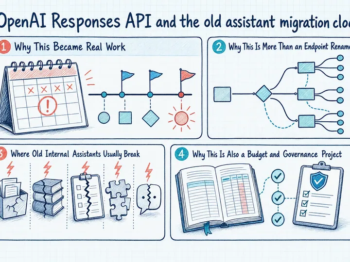 Illustrated infographic summarizing: OpenAI Responses API and the old assistant migration clock