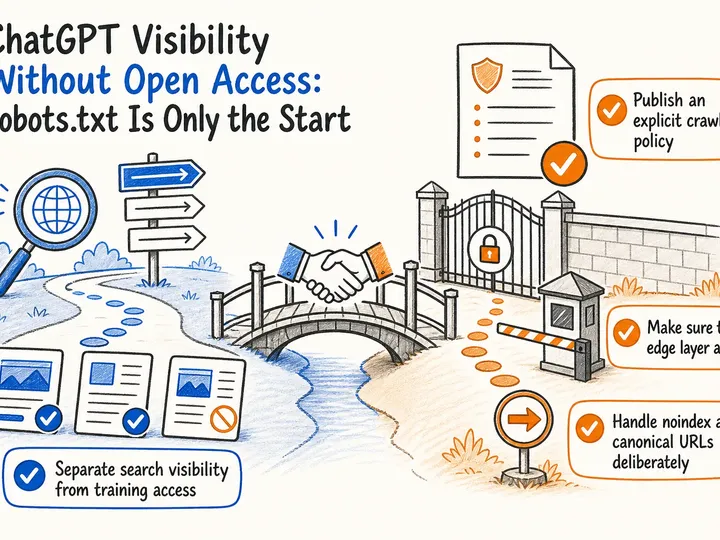 Illustrated infographic summarizing: ChatGPT Visibility Without Open Access: robots.txt Is Only the Start