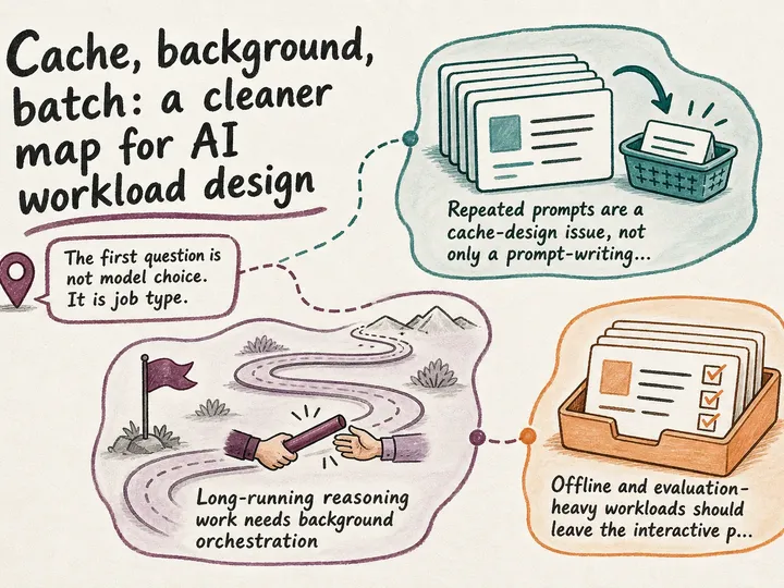 Illustrated infographic summarizing: Cache, background, batch: a cleaner map for AI workload design