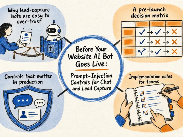 Illustrated infographic summarizing: Before Your Website AI Bot Goes Live: Prompt-Injection Controls for Chat and Lead Capture