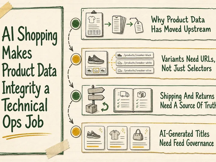 Illustrated infographic summarizing: AI Shopping Makes Product Data Integrity a Technical Ops Job