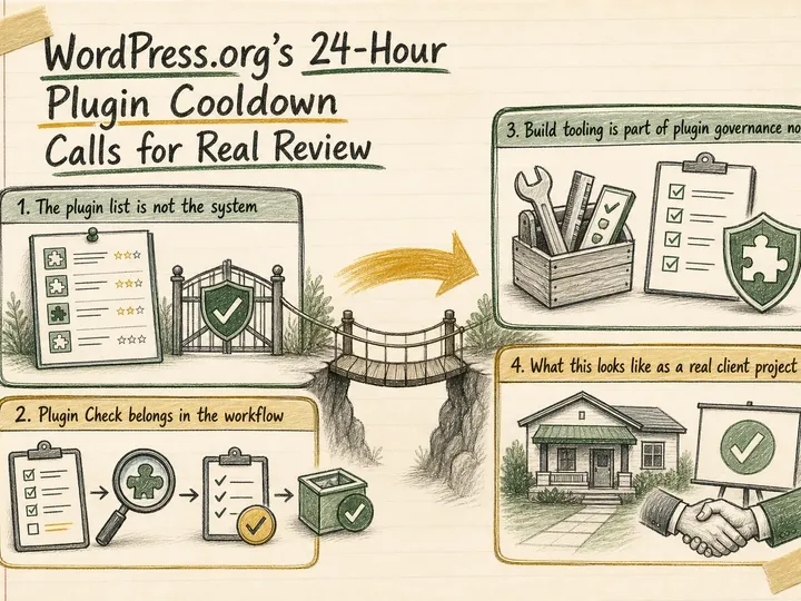 Illustrated infographic summarizing: WordPress.org's 24-Hour Plugin Cooldown Calls for Real Review