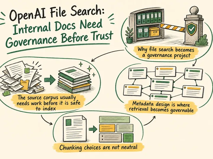 Illustrated infographic summarizing: OpenAI File Search: Internal Docs Need Governance Before Trust