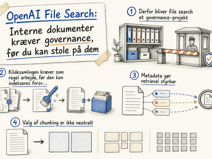 Illustrated infographic summarizing: OpenAI File Search: Interne dokumenter kræver governance, før du kan stole på dem
