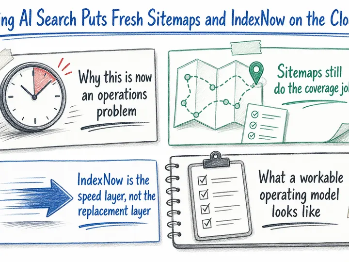 Illustrated infographic summarizing: Bing AI Search Puts Fresh Sitemaps and IndexNow on the Clock