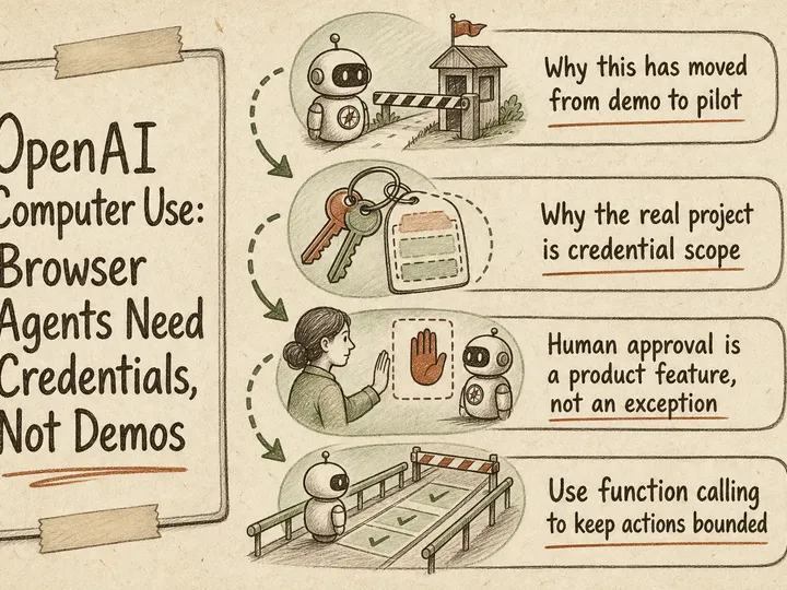Illustrated infographic summarizing: OpenAI Computer Use: Browser Agents Need Credentials, Not Demos