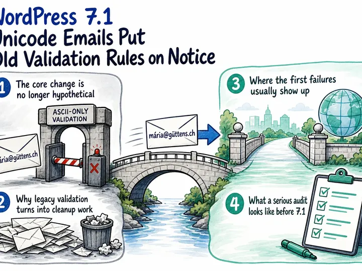 Illustrated infographic summarizing: WordPress 7.1 Unicode Emails Put Old Validation Rules on Notice
