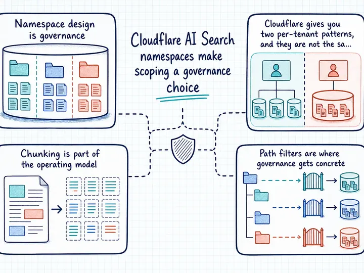 Illustrated infographic summarizing: Cloudflare AI Search namespaces make scoping a governance choice