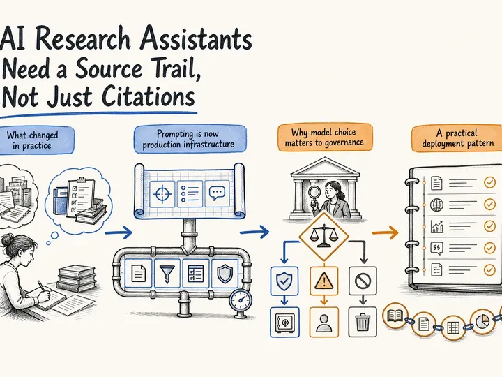 Illustrated infographic summarizing: AI Research Assistants Need a Source Trail, Not Just Citations