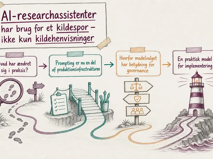 Illustreret infografik, der opsummerer: AI-researchassistenter har brug for et kildespor – ikke kun kildehenvisninger