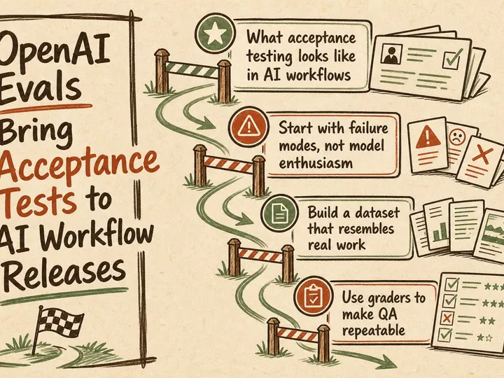 Illustrated infographic summarizing: OpenAI Evals Bring Acceptance Tests to AI Workflow Releases