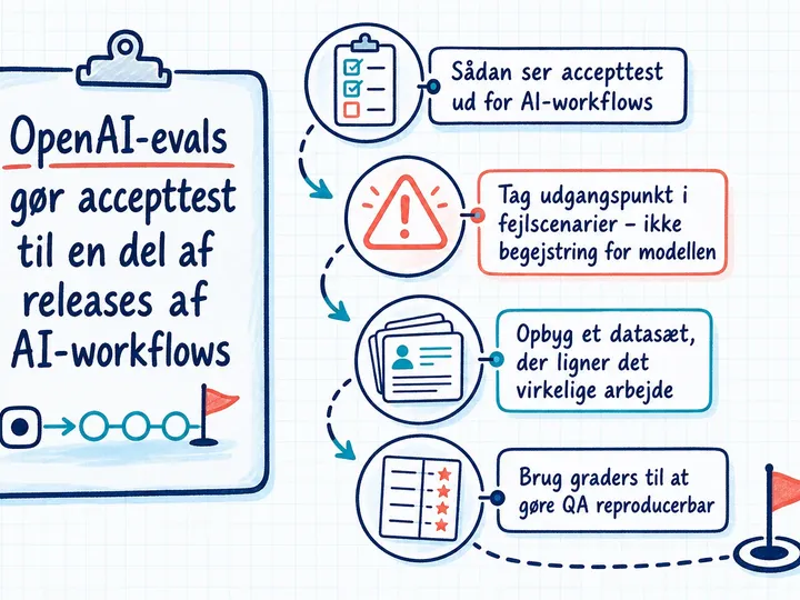 Illustreret infografik, der opsummerer: OpenAI-evals gør accepttest til en del af releases af AI-workflows