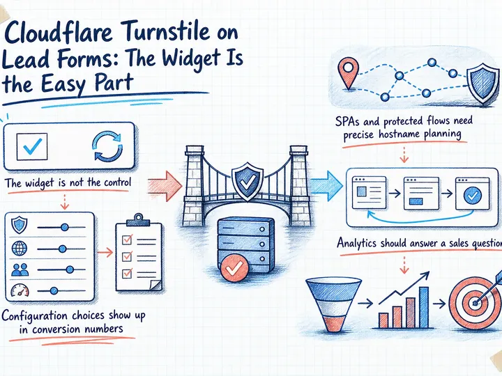 Illustrated infographic summarizing: Cloudflare Turnstile on Lead Forms: The Widget Is the Easy Part