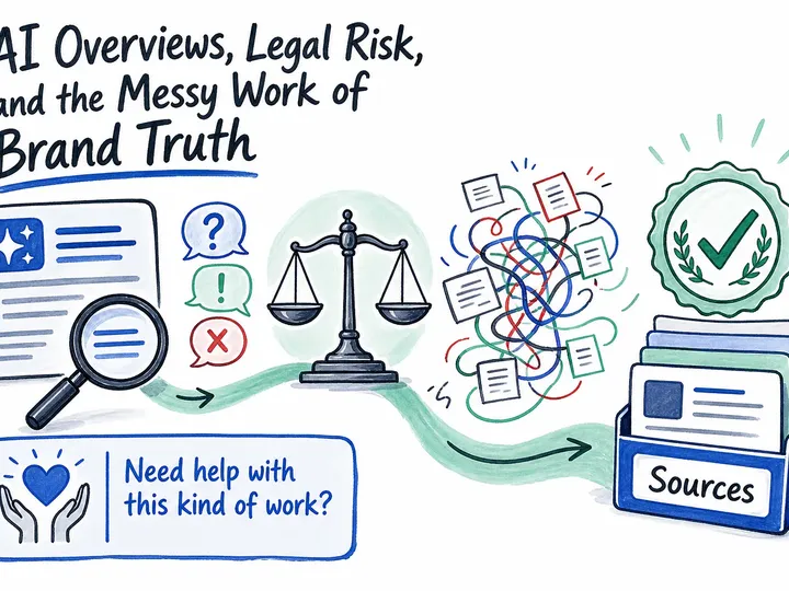 Illustrated infographic summarizing: AI Overviews, Legal Risk, and the Messy Work of Brand Truth