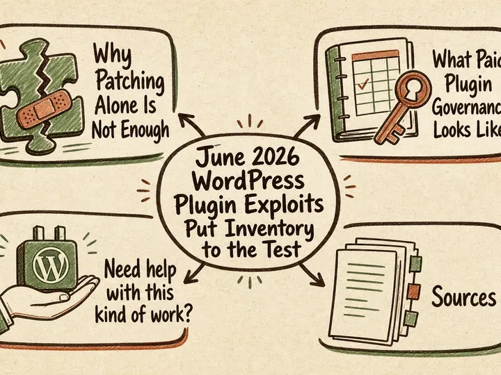Illustrated infographic summarizing: June 2026 WordPress Plugin Exploits Put Inventory to the Test