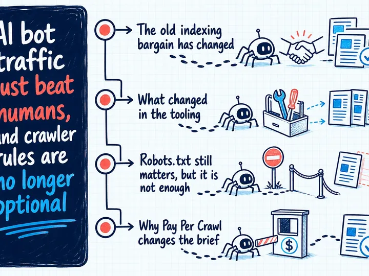 Illustrated infographic summarizing: AI bot traffic just beat humans, and crawler rules are no longer optional