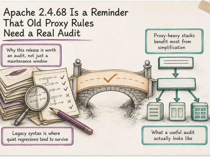 Illustrated infographic summarizing: Apache 2.4.68 Is a Reminder That Old Proxy Rules Need a Real Audit