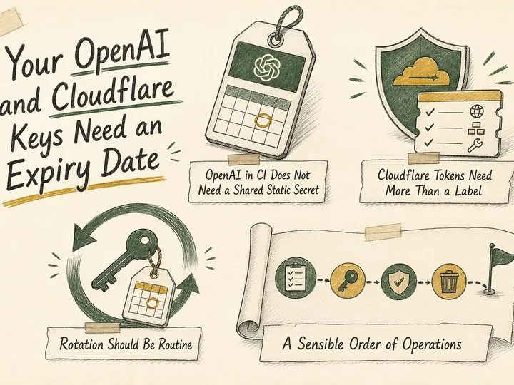 Illustrated infographic summarizing: Your OpenAI and Cloudflare Keys Need an Expiry Date