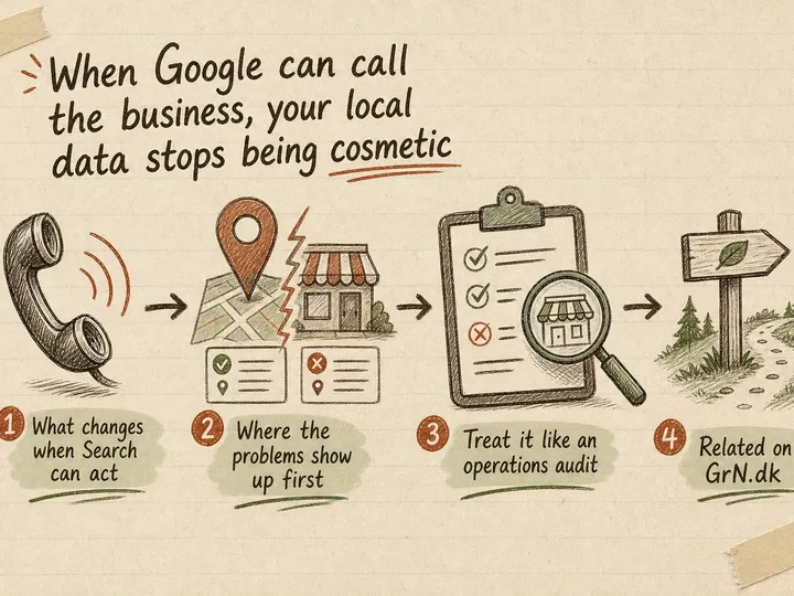 Illustrated infographic summarizing: When Google can call the business, your local data stops being cosmetic