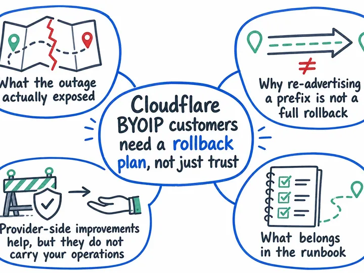 Illustrated infographic summarizing: Cloudflare BYOIP customers need a rollback plan, not just trust