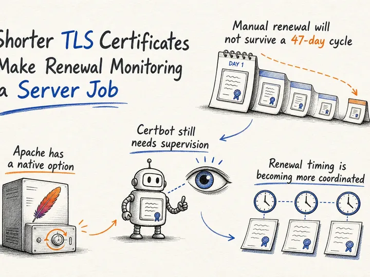 Illustrated infographic summarizing: Shorter TLS Certificates Make Renewal Monitoring a Server Job