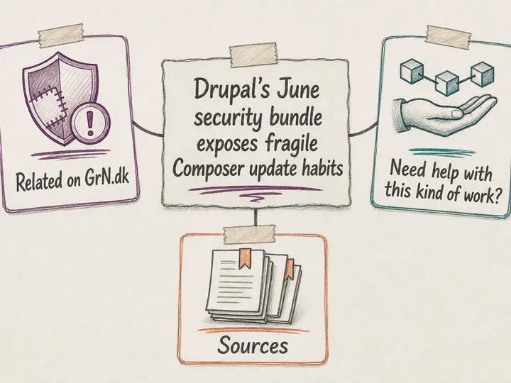 Illustrated infographic summarizing: Drupal's June security bundle exposes fragile Composer update habits