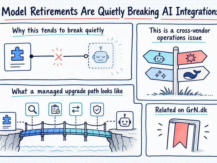 Illustrated infographic summarizing: Model Retirements Are Quietly Breaking AI Integrations