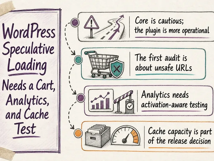 Illustrated infographic summarizing: WordPress Speculative Loading Needs a Cart, Analytics, and Cache Test