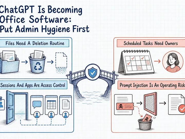 Illustrated infographic summarizing: ChatGPT Is Becoming Office Software: Put Admin Hygiene First
