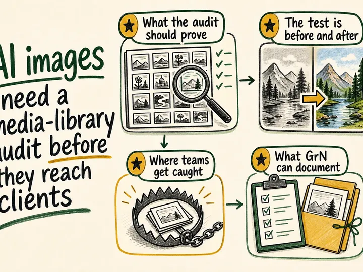 Illustrated infographic summarizing: AI images need a media-library audit before they reach clients