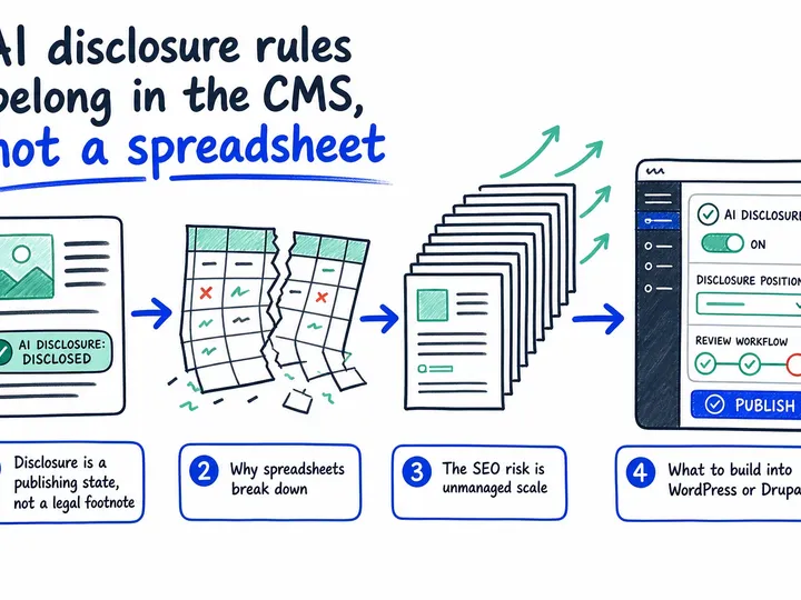 Illustrated infographic summarizing: AI disclosure rules belong in the CMS, not a spreadsheet