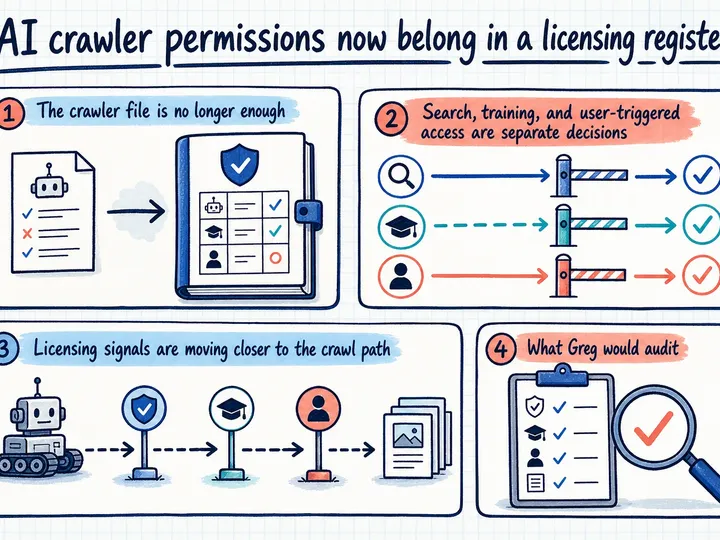 Illustrated infographic summarizing: AI crawler permissions now belong in a licensing register