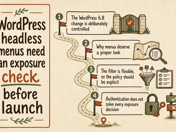 Illustrated infographic summarizing: WordPress headless menus need an exposure check before launch