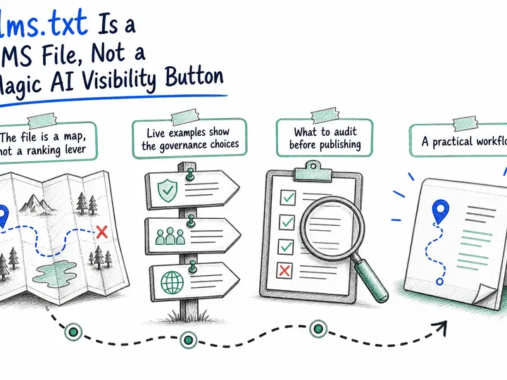 Illustrated infographic summarizing: llms.txt Is a CMS File, Not a Magic AI Visibility Button