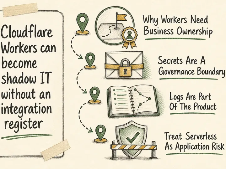 Illustrated infographic summarizing: Cloudflare Workers can become shadow IT without an integration register