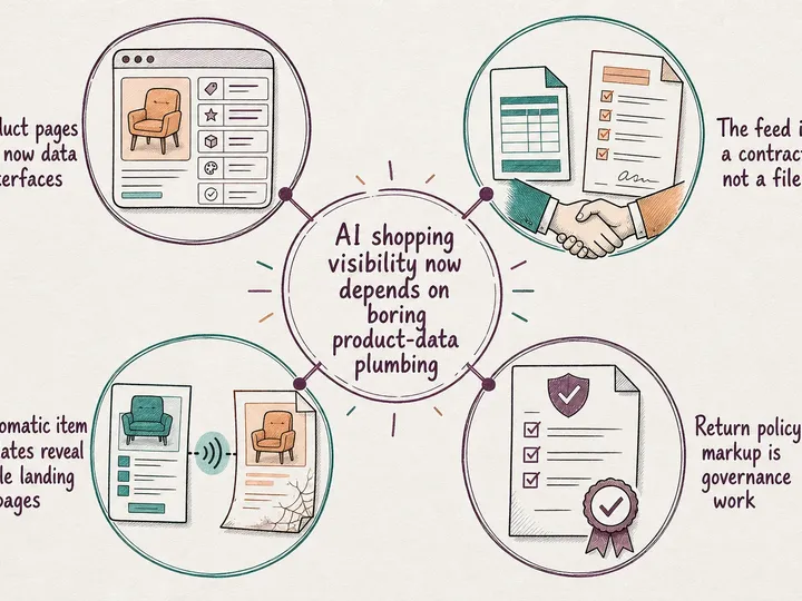 Illustrated infographic summarizing: AI shopping visibility now depends on boring product-data plumbing