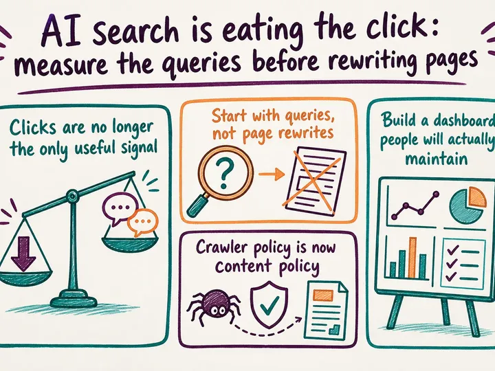 Illustrated infographic summarizing: AI search is eating the click: measure the queries before rewriting pages