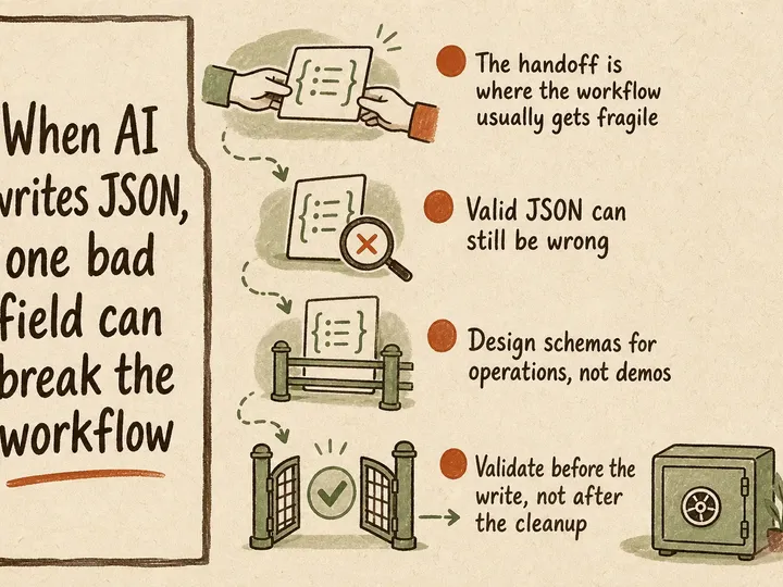 Illustrated infographic summarizing: When AI writes JSON, one bad field can break the workflow