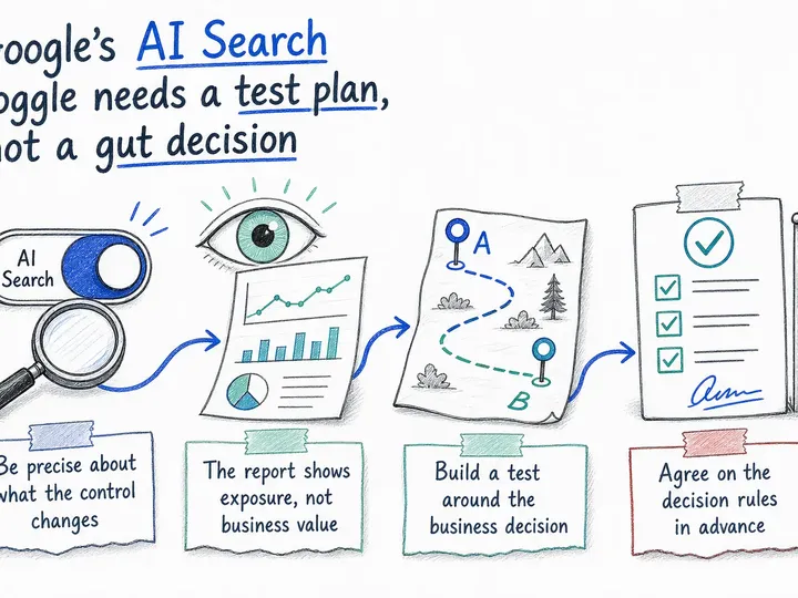 Illustrated infographic summarizing: Google’s AI Search toggle needs a test plan, not a gut decision