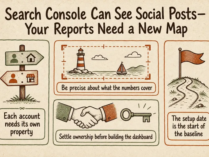 Illustrated infographic summarizing: Search Console Can See Social Posts—Your Reports Need a New Map