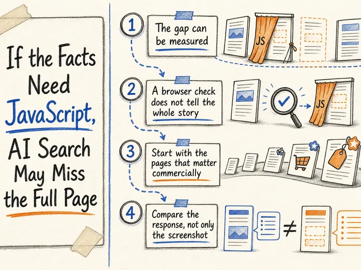 Illustrated infographic summarizing: If the Facts Need JavaScript, AI Search May Miss the Full Page