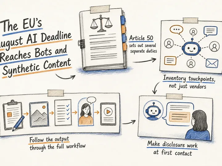 Illustrated infographic summarizing: The EU’s August AI Deadline Reaches Bots and Synthetic Content
