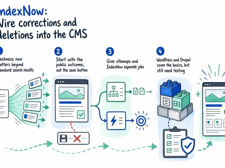 Illustrated infographic summarizing: IndexNow: Wire corrections and deletions into the CMS