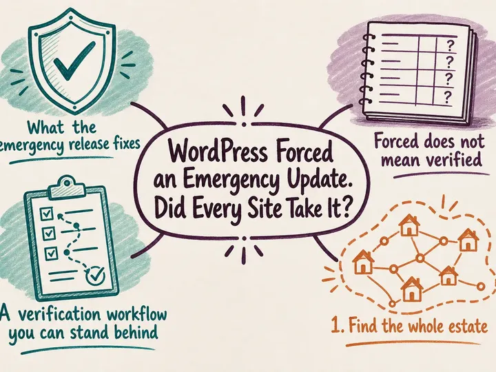 Illustrated infographic summarizing: WordPress Forced an Emergency Update. Did Every Site Take It?