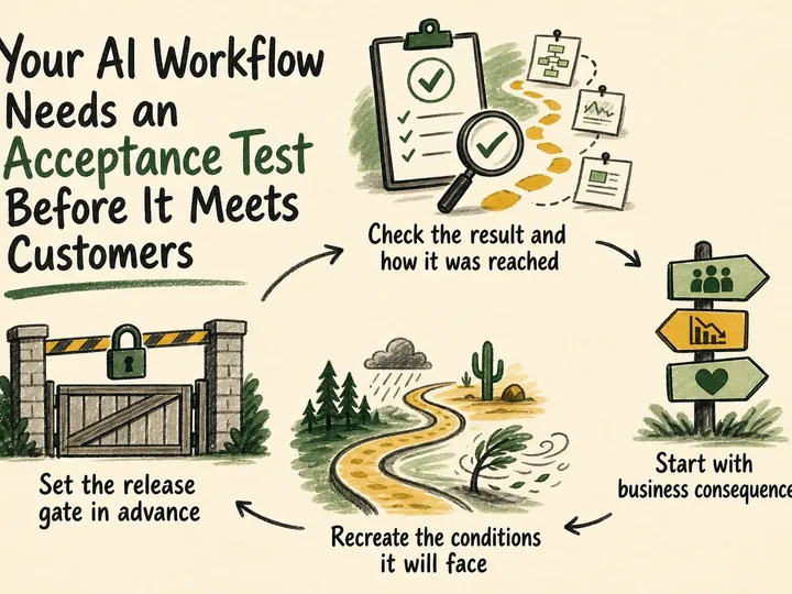 Illustrated infographic summarizing: Your AI Workflow Needs an Acceptance Test Before It Meets Customers