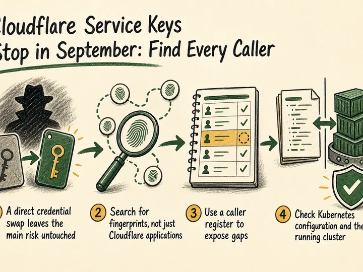 Illustrated infographic summarizing: Cloudflare Service Keys Stop in September: Find Every Caller