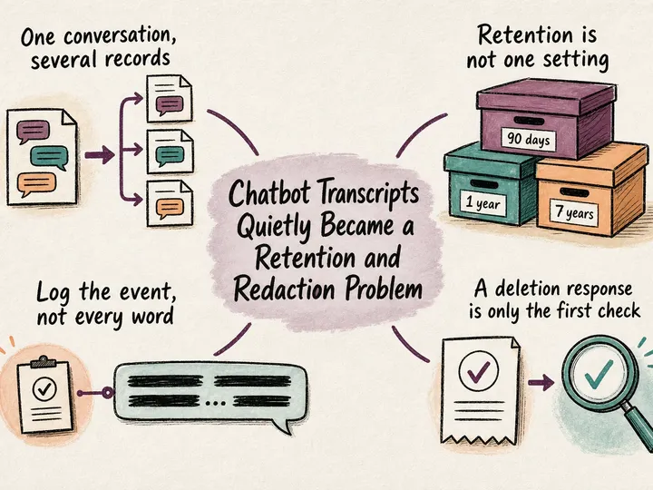 Illustrated infographic summarizing: Chatbot Transcripts Quietly Became a Retention and Redaction Problem